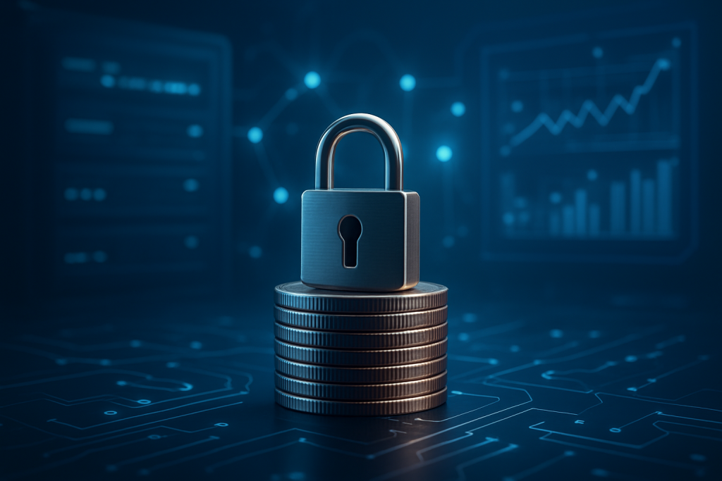 A digital padlock sitting atop a stack of coins with a blurred tech background