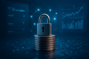 A digital padlock sitting atop a stack of coins with a blurred tech background
